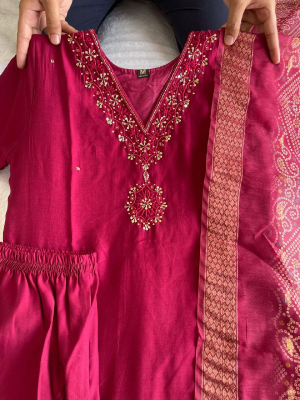 Charming Cherry Roman Silk Handworked Kurta Pant Dupatta Set - Ethnicwish