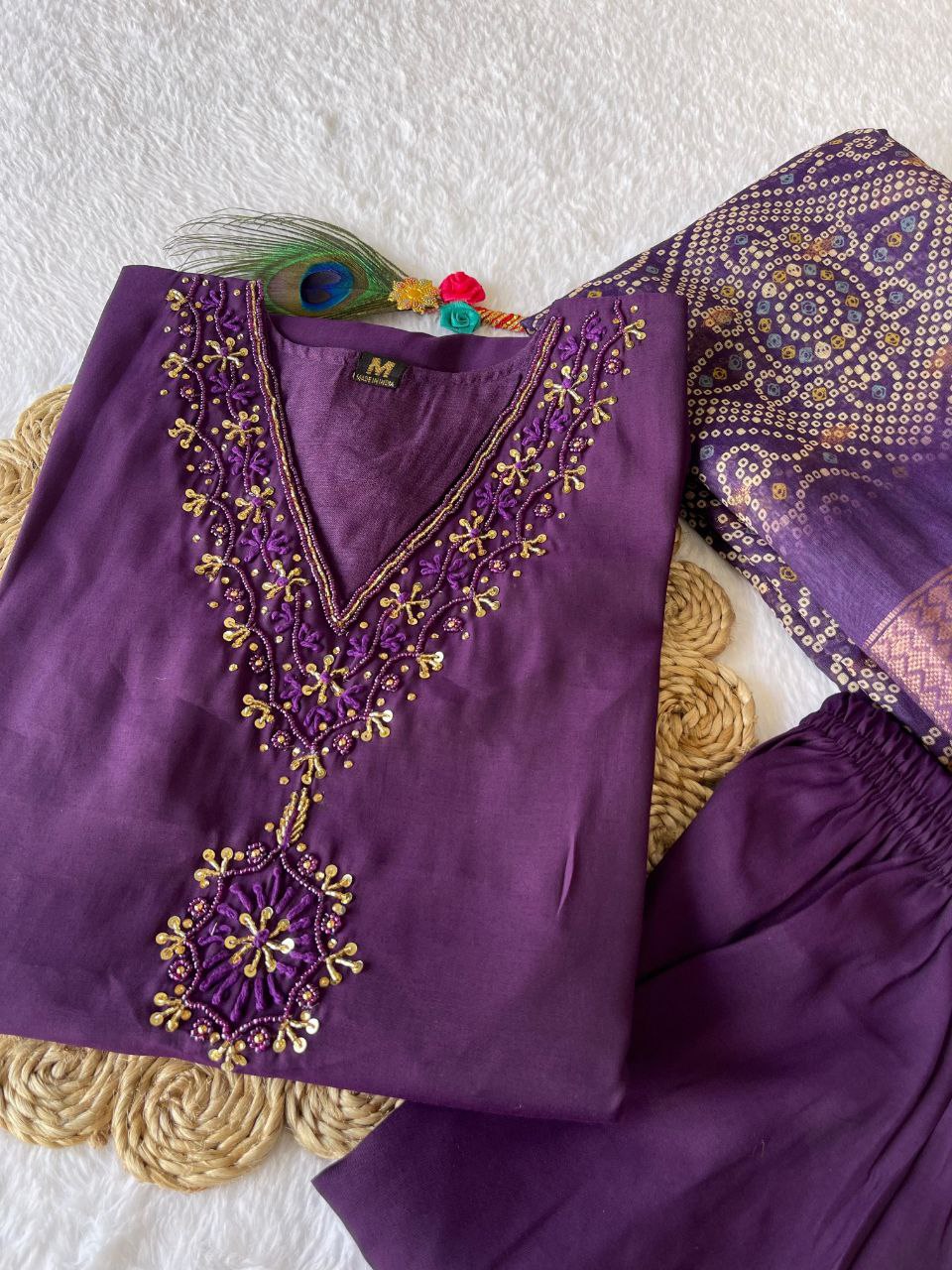 Fascinating Wine Roman Silk Handworked Kurta Pant Dupatta Set - Ethnicwish