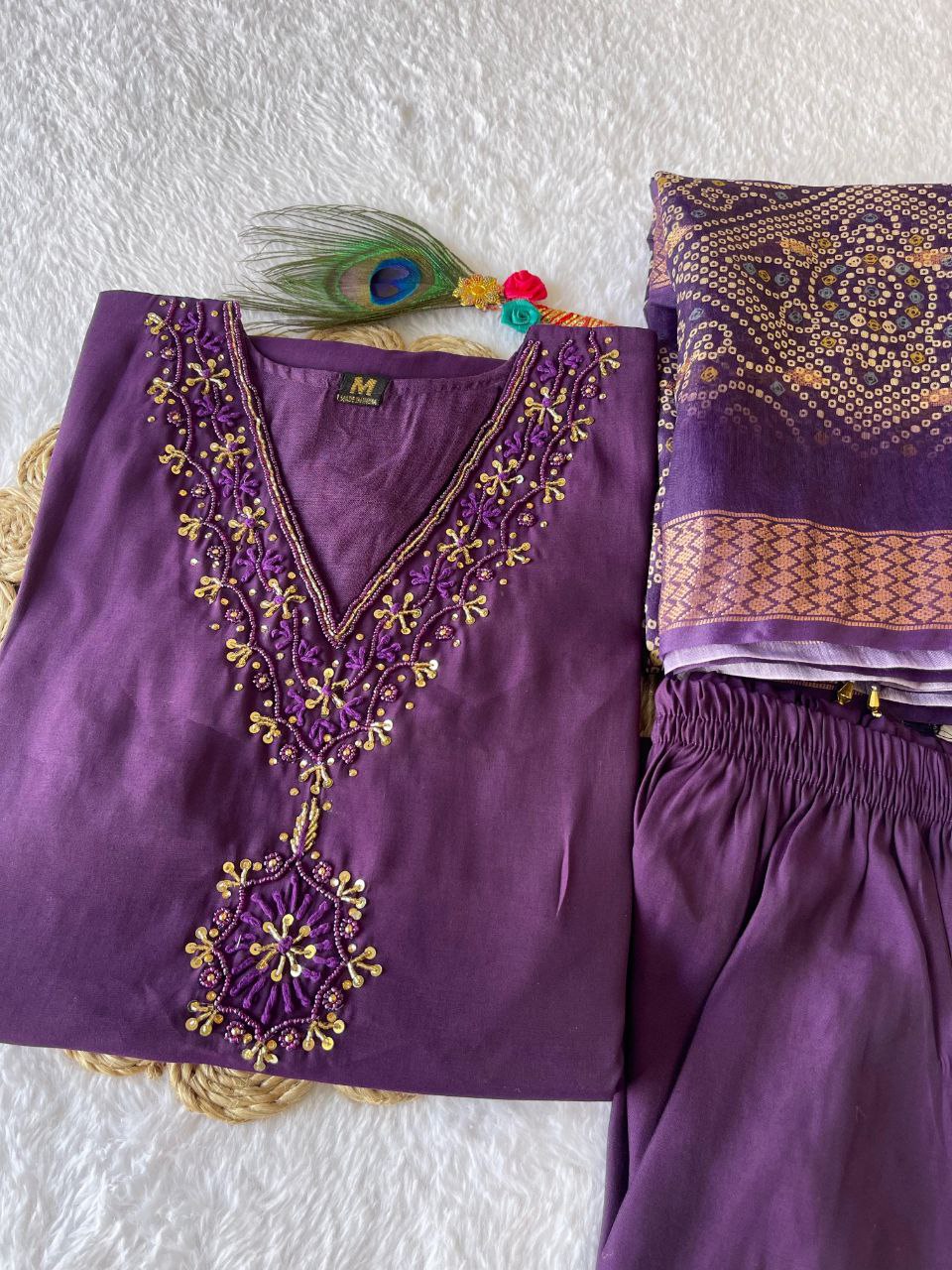 Fascinating Wine Roman Silk Handworked Kurta Pant Dupatta Set - Ethnicwish
