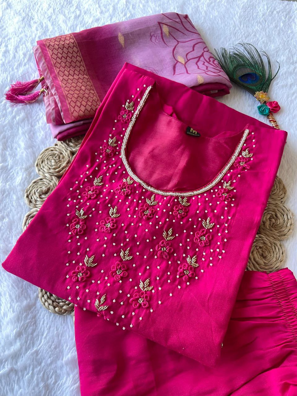 Appealing Rani Pink Roman Silk Handworked Kurta Pant Dupatta Set - Ethnicwish