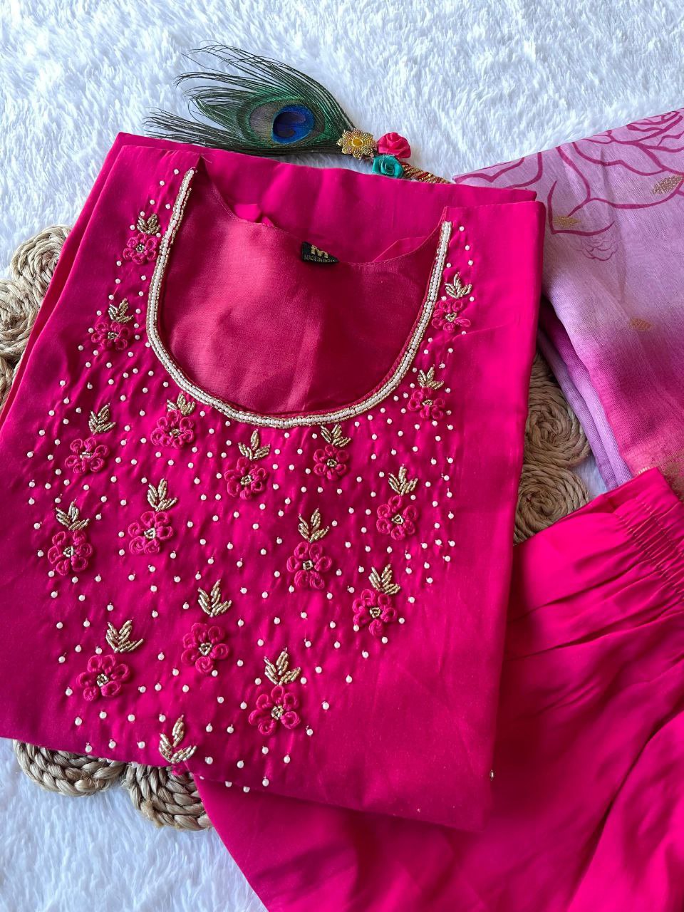 Appealing Rani Pink Roman Silk Handworked Kurta Pant Dupatta Set - Ethnicwish