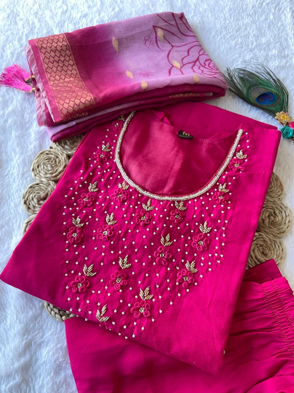 Appealing Rani Pink Roman Silk Handworked Kurta Pant Dupatta Set - Ethnicwish