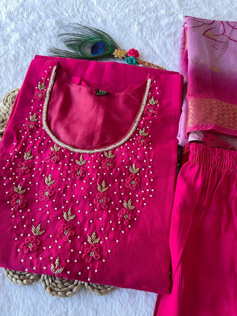 Appealing Rani Pink Roman Silk Handworked Kurta Pant Dupatta Set - Ethnicwish