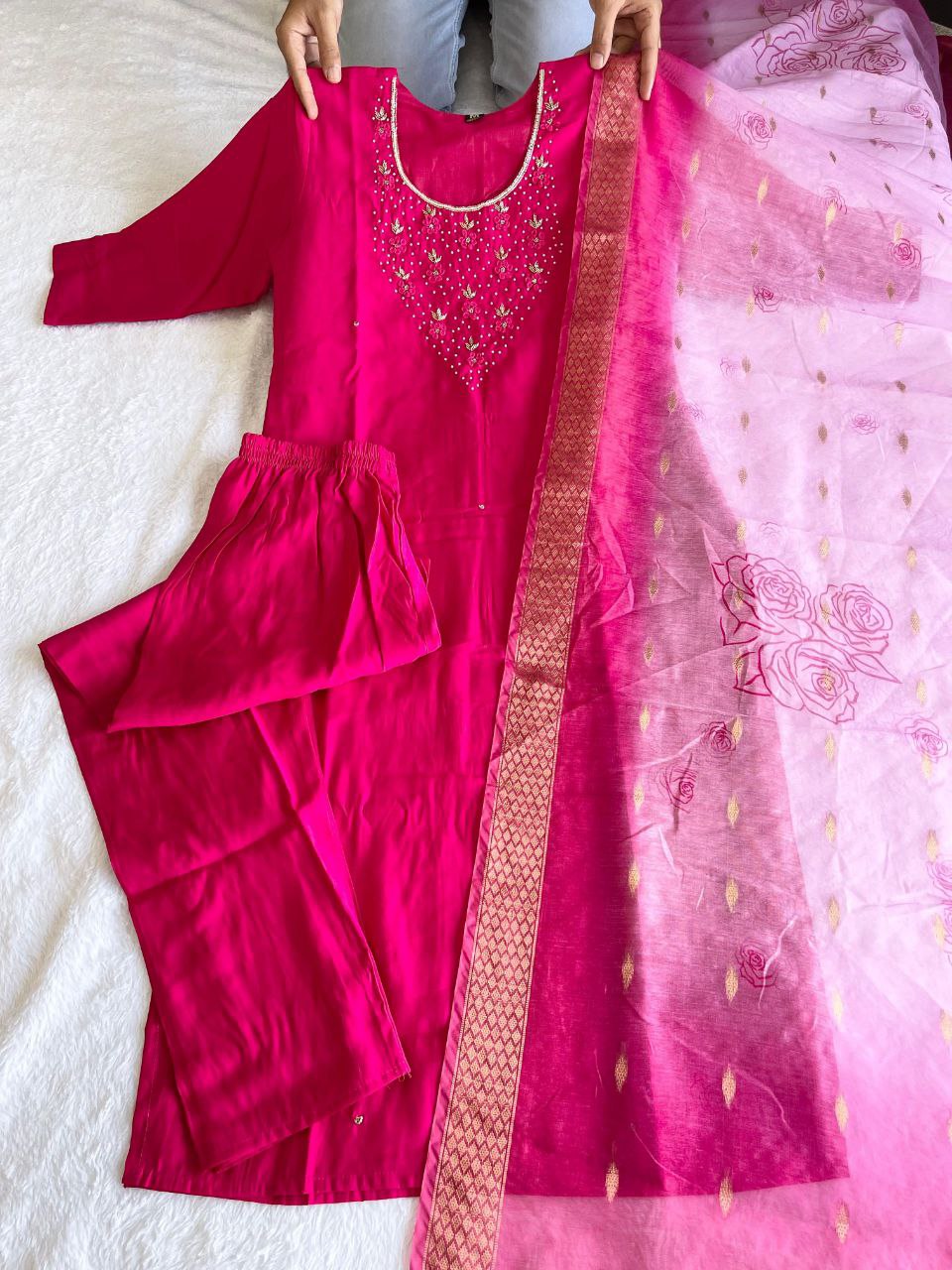 Appealing Rani Pink Roman Silk Handworked Kurta Pant Dupatta Set - Ethnicwish