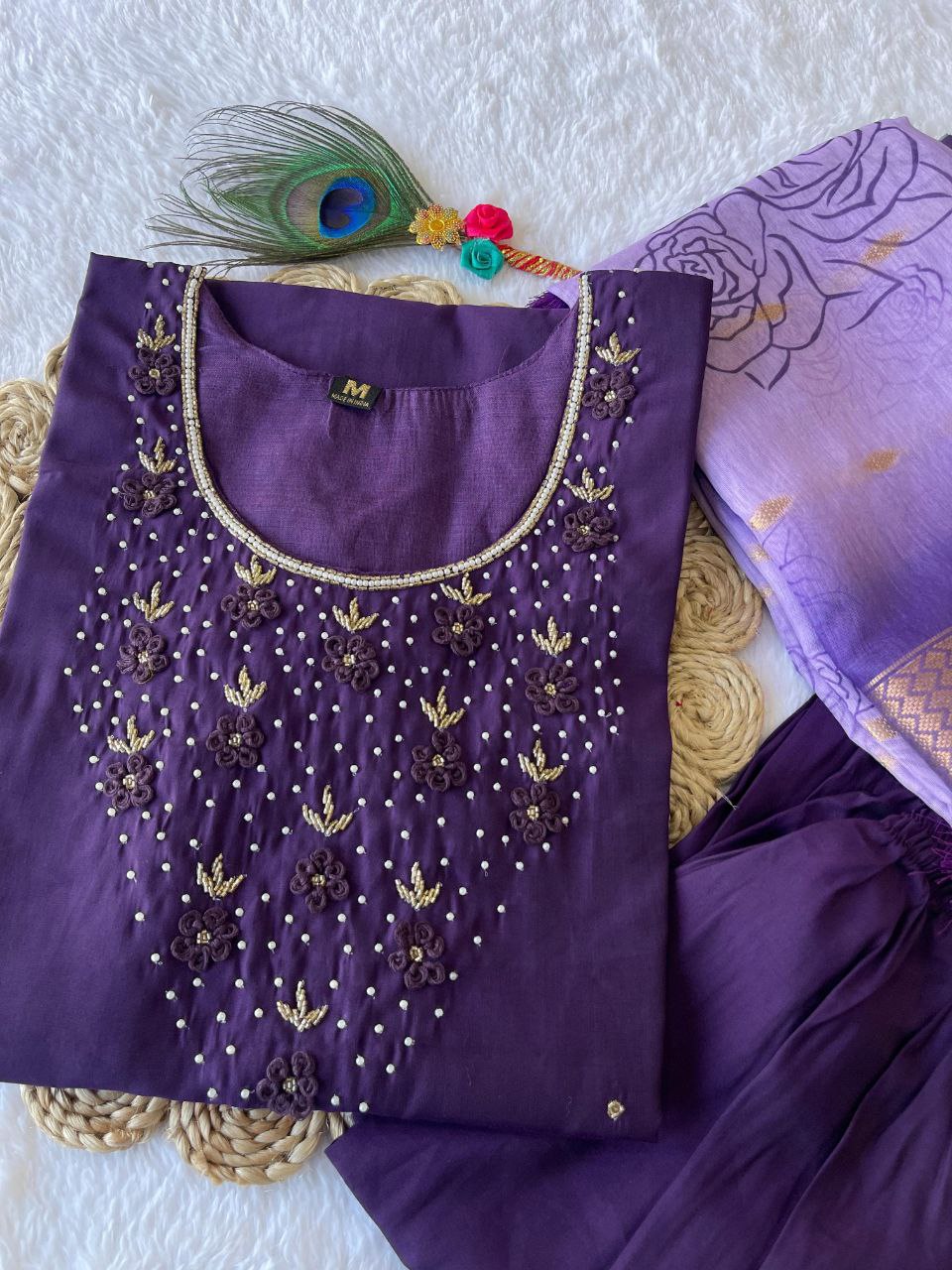 Radiant Wine Roman Silk Handworked Kurta Pant Dupatta Set - Ethnicwish