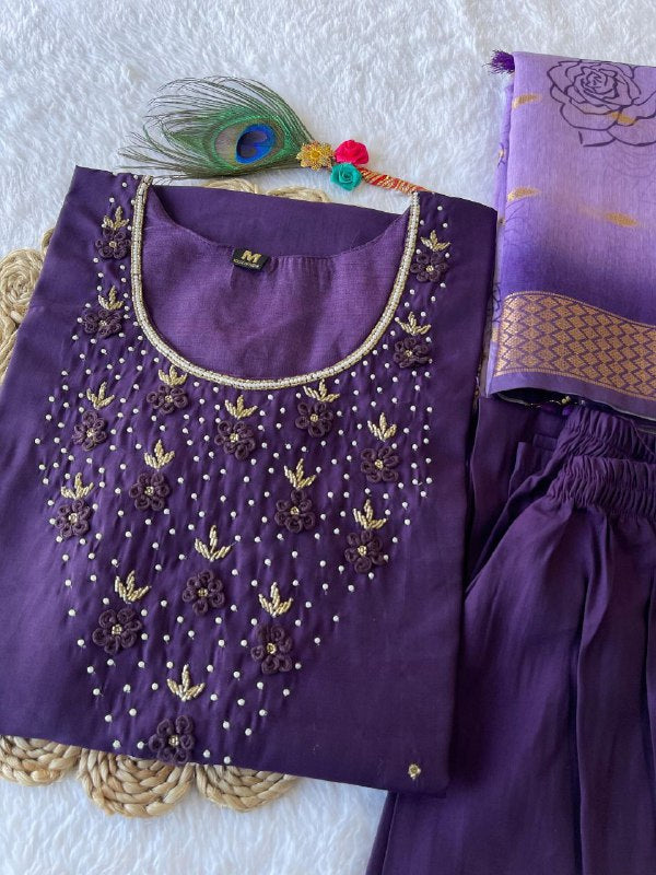 Radiant Wine Roman Silk Handworked Kurta Pant Dupatta Set - Ethnicwish