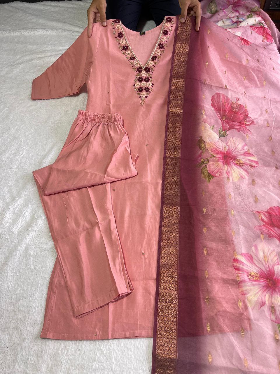 Beguiling Peach Roman Silk Handworked Kurta Pant Dupatta Set - Ethnicwish