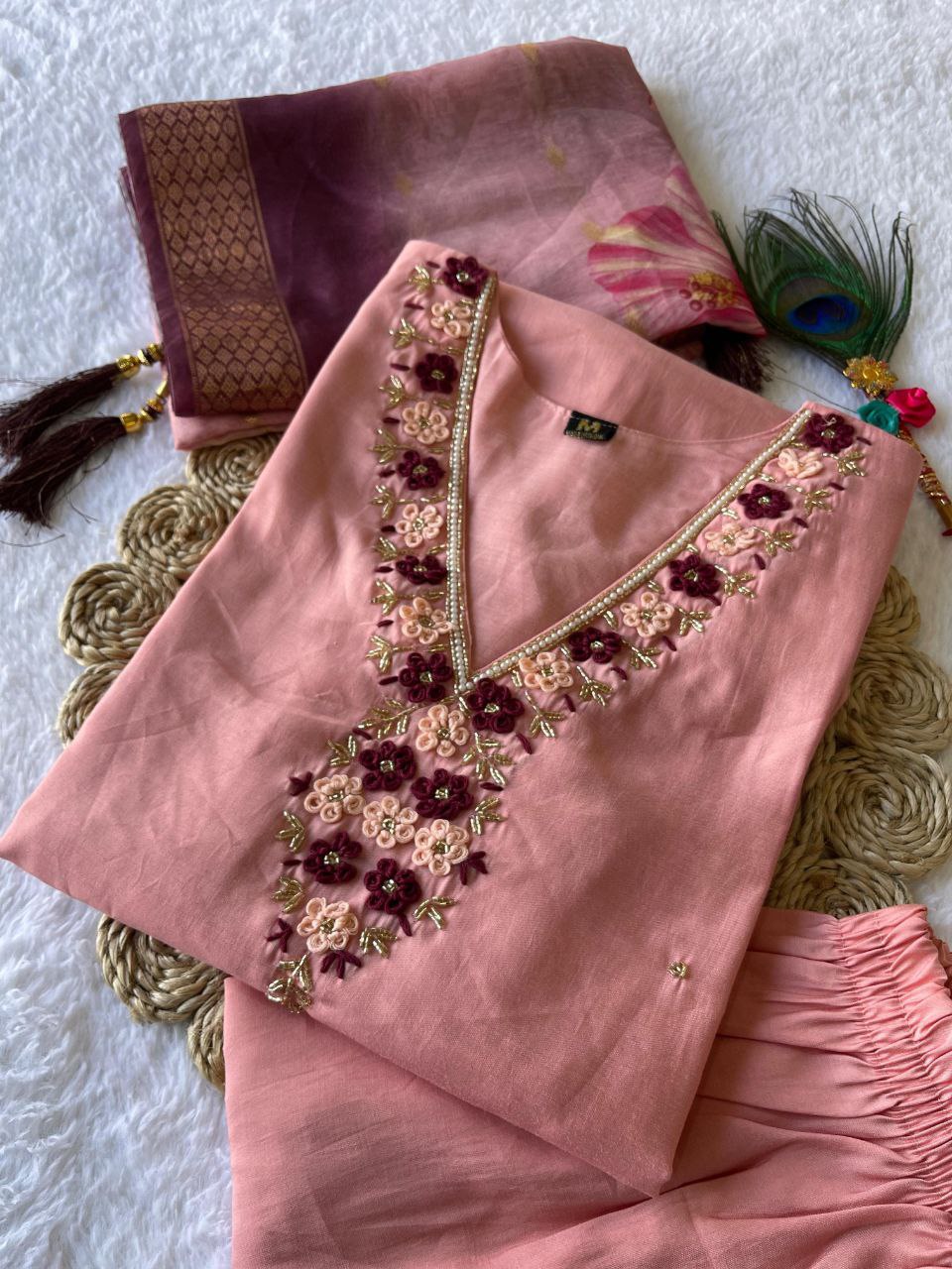 Beguiling Peach Roman Silk Handworked Kurta Pant Dupatta Set - Ethnicwish