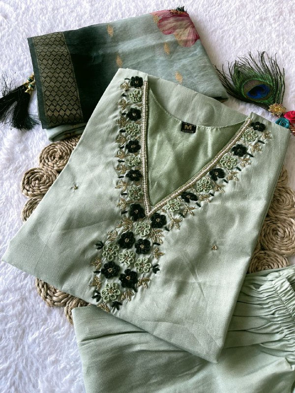 Gorgeous Pista Roman Silk Handworked Kurta Pant Dupatta Set - Ethnicwish