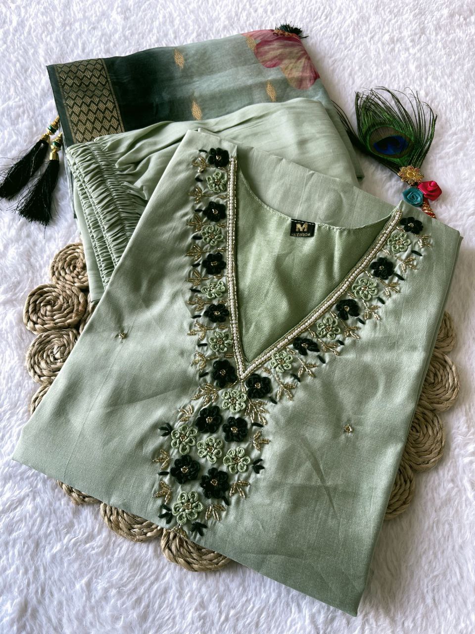 Gorgeous Pista Roman Silk Handworked Kurta Pant Dupatta Set - Ethnicwish