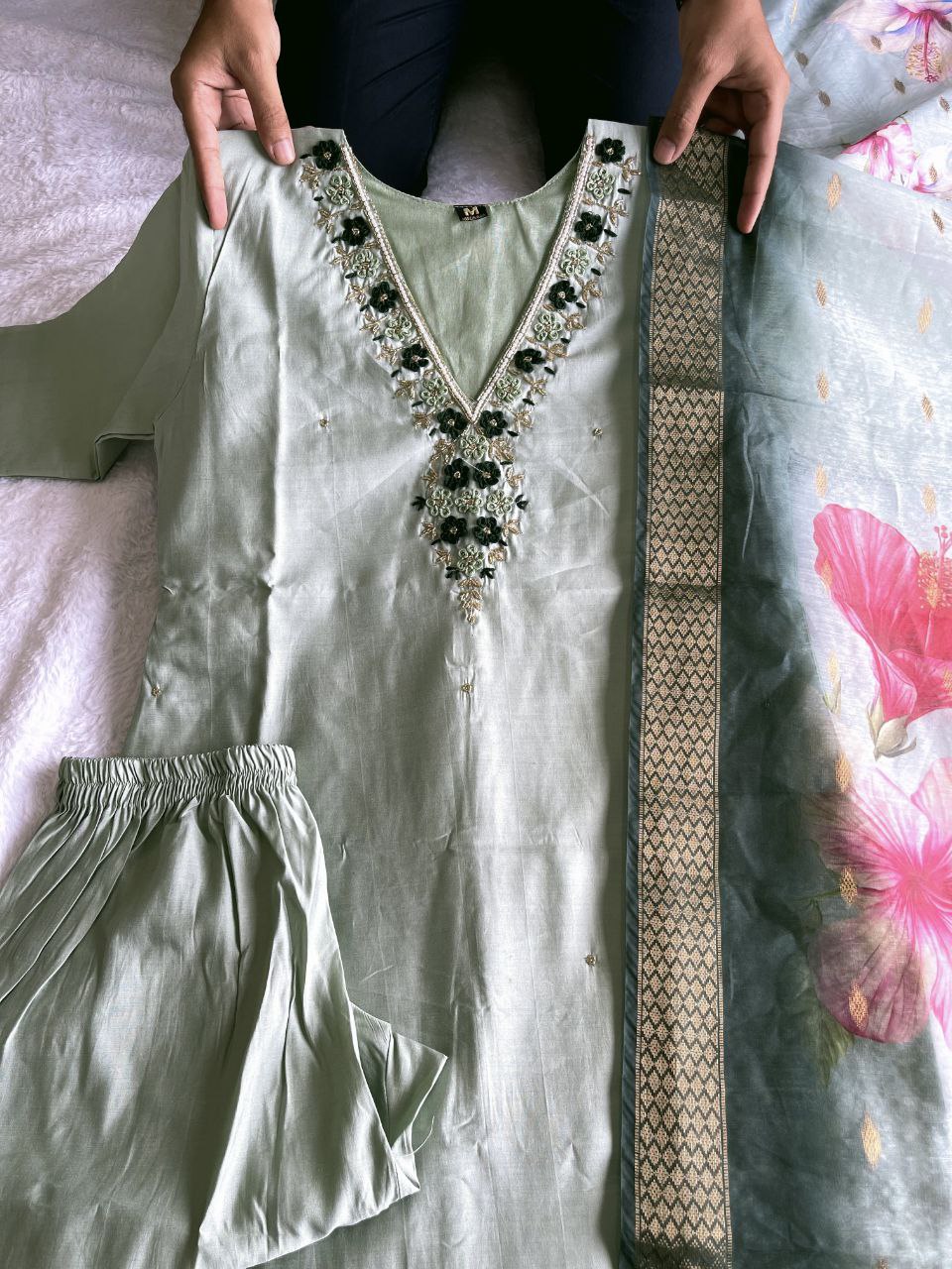 Gorgeous Pista Roman Silk Handworked Kurta Pant Dupatta Set - Ethnicwish