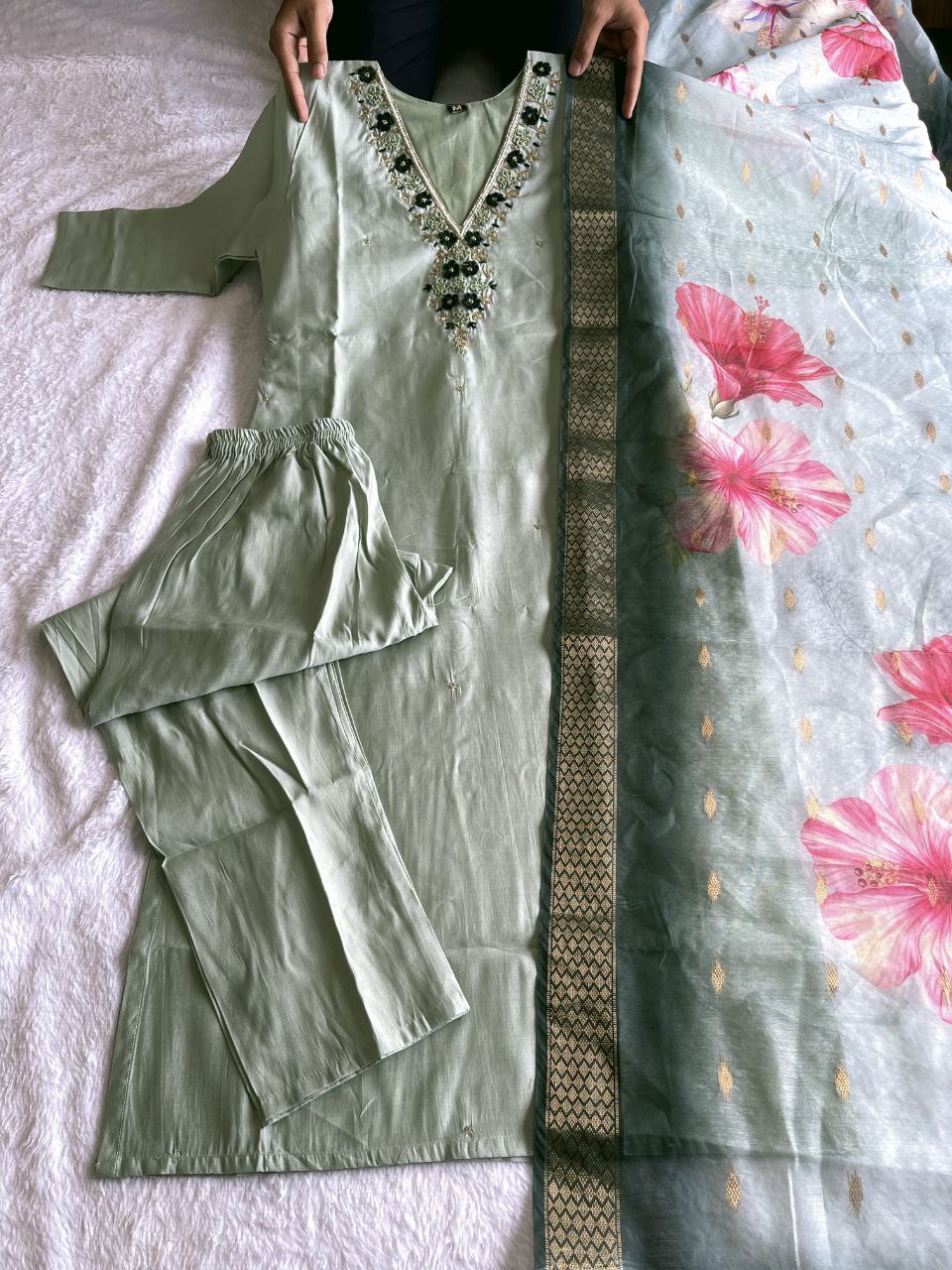 Gorgeous Pista Roman Silk Handworked Kurta Pant Dupatta Set - Ethnicwish