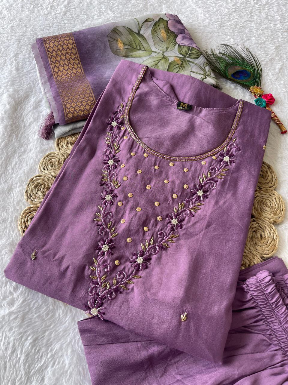 Elegant Magenta Roman Silk Handworked Kurta Pant Dupatta Set - Ethnicwish