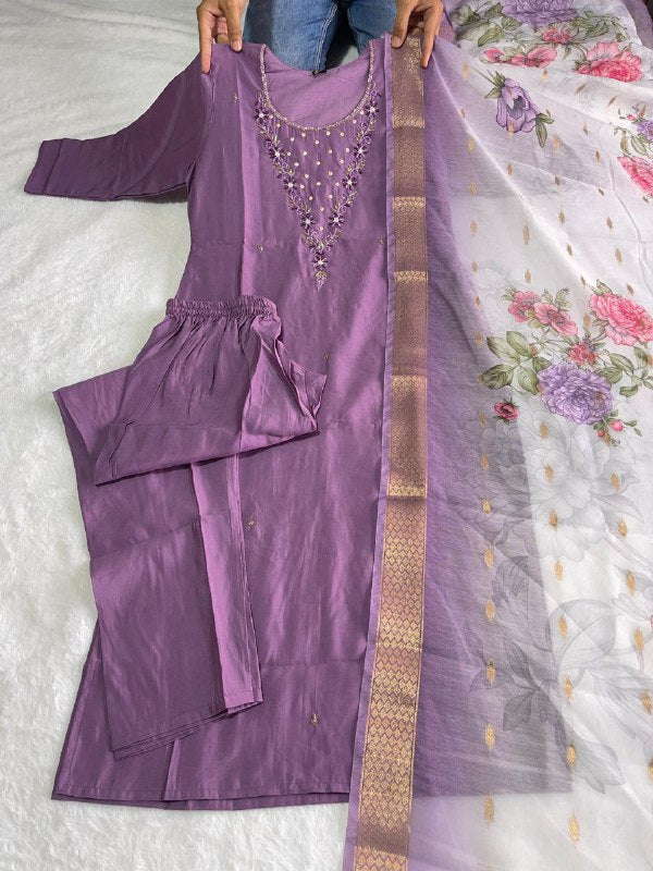Elegant Magenta Roman Silk Handworked Kurta Pant Dupatta Set - Ethnicwish