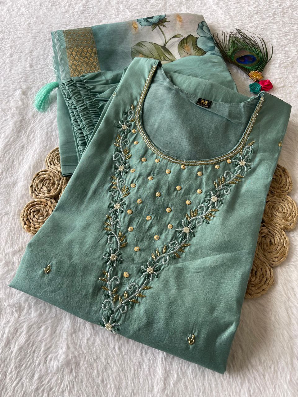 Comely Teal Roman Silk Handworked Kurta Pant Dupatta Set - Ethnicwish