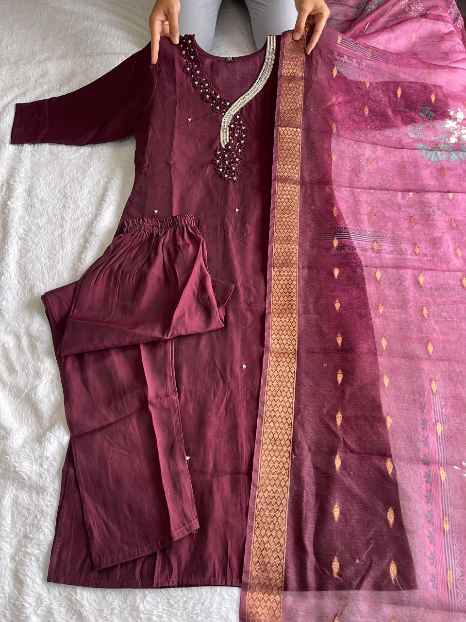 Captivating Dark Maroon Roman Silk Handworked Kurta Pant Dupatta Set - Ethnicwish