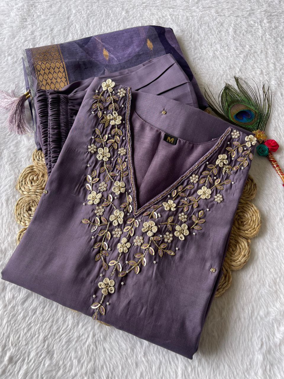 Splendid Light Lavender Roman Silk Handworked Kurta Pant Dupatta Set - Ethnicwish