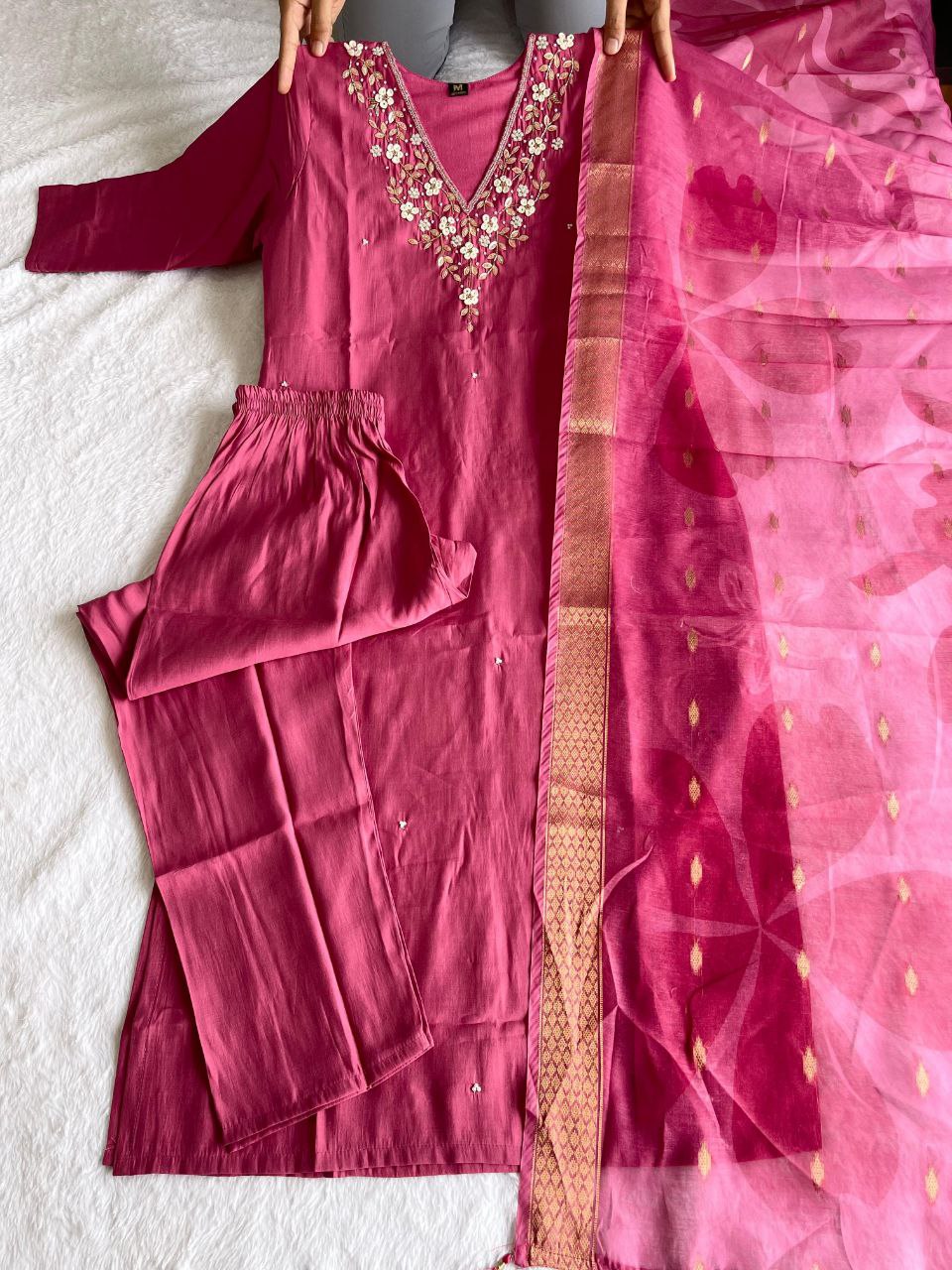 Graceful Rouge Roman Silk Handworked Kurta Pant Dupatta Set - Ethnicwish