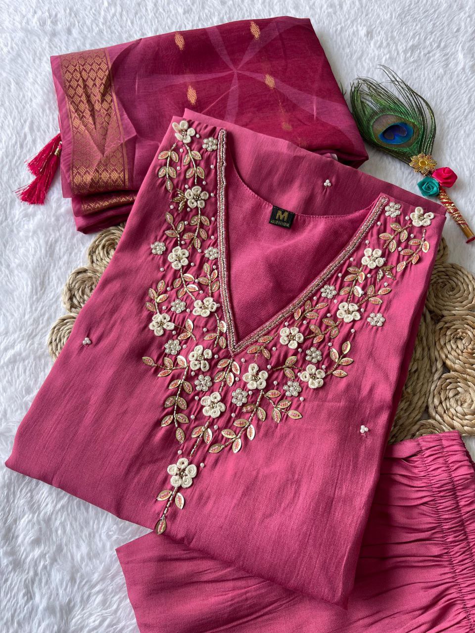 Graceful Rouge Roman Silk Handworked Kurta Pant Dupatta Set - Ethnicwish