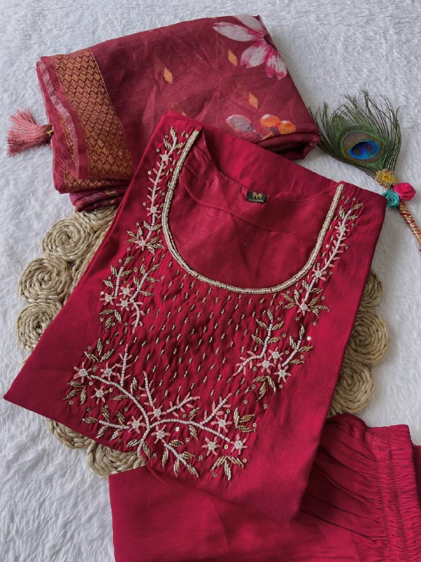 Classy Maroon Roman Silk Handworked Kurta Pant Dupatta Set - Ethnicwish