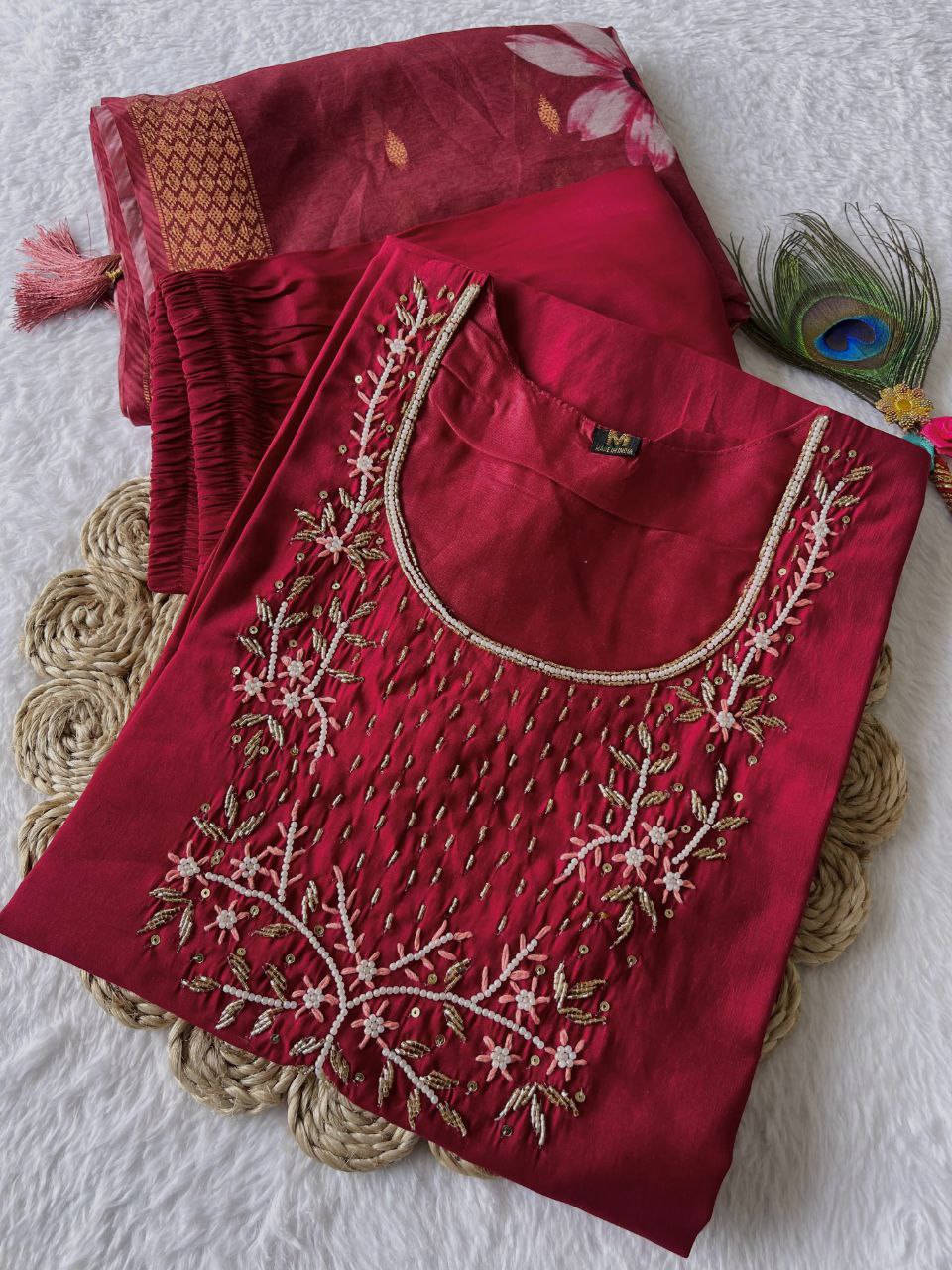 Classy Maroon Roman Silk Handworked Kurta Pant Dupatta Set - Ethnicwish