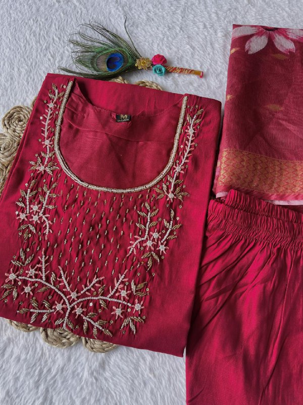 Classy Maroon Roman Silk Handworked Kurta Pant Dupatta Set - Ethnicwish