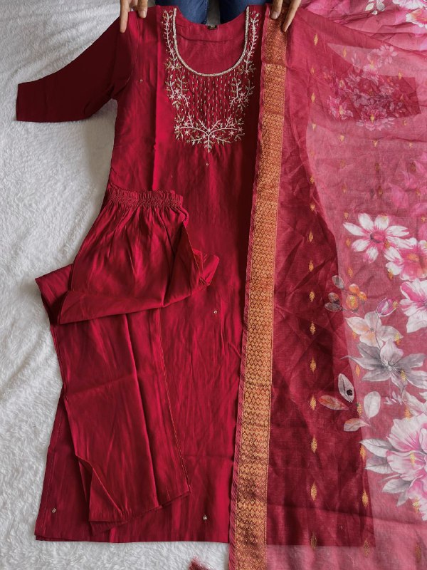 Classy Maroon Roman Silk Handworked Kurta Pant Dupatta Set - Ethnicwish