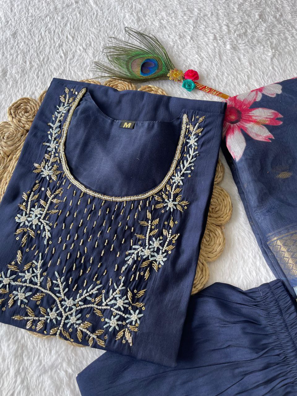 Bewitching Navy Blue Roman Silk Handworked Kurta Pant Dupatta Set - Ethnicwish