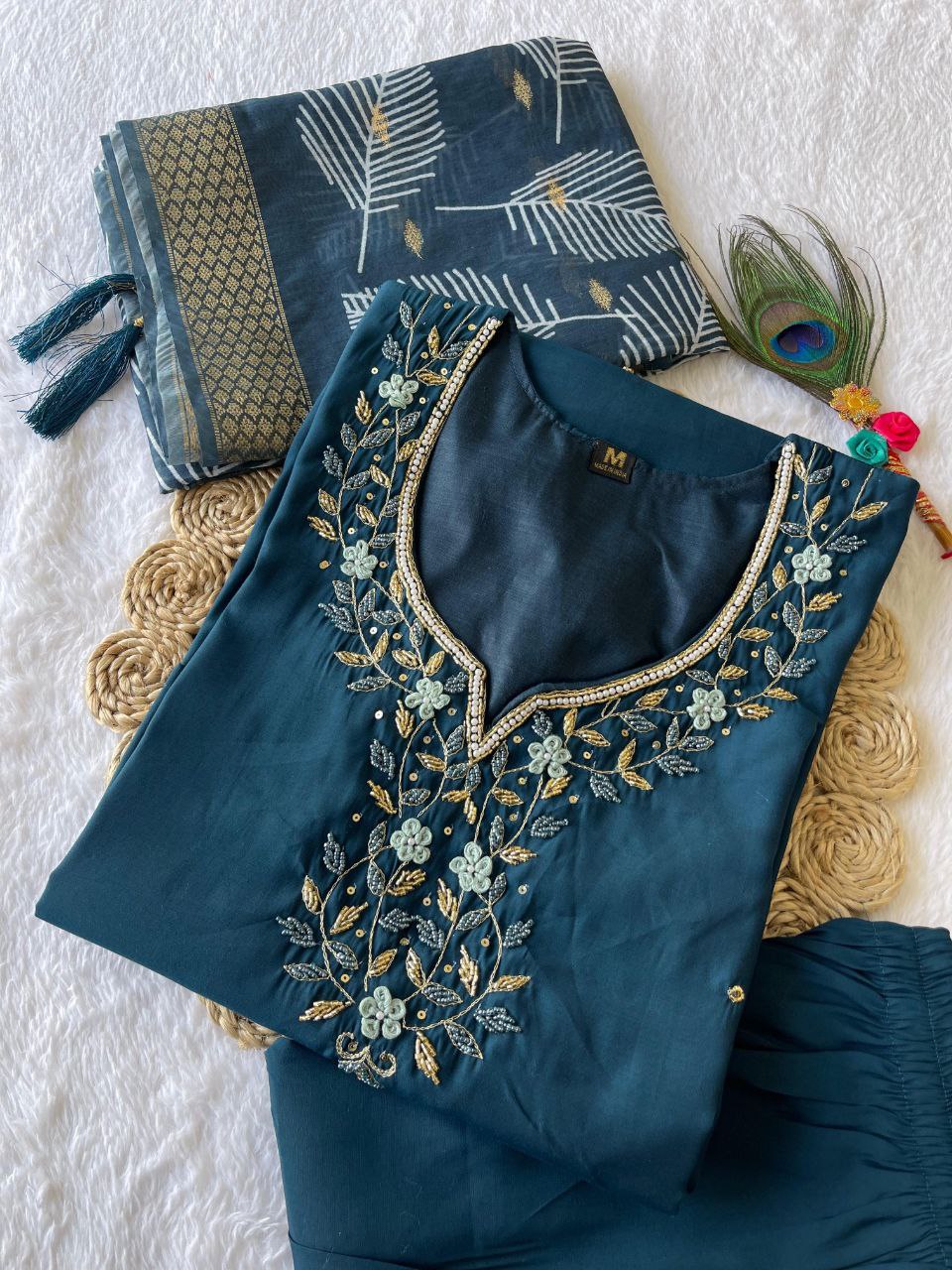 Fetching Dark Peacock Roman Silk Handworked Kurta Pant Dupatta Set - Ethnicwish