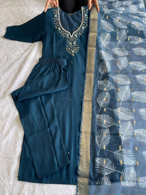 Fetching Dark Peacock Roman Silk Handworked Kurta Pant Dupatta Set - Ethnicwish