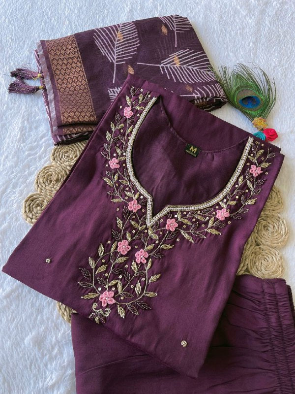 Arresting Wine Roman Silk Handworked Kurta Pant Dupatta Set - Ethnicwish