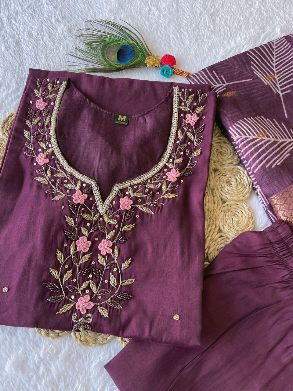 Arresting Wine Roman Silk Handworked Kurta Pant Dupatta Set - Ethnicwish