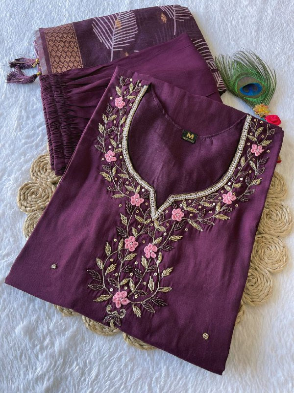 Arresting Wine Roman Silk Handworked Kurta Pant Dupatta Set - Ethnicwish