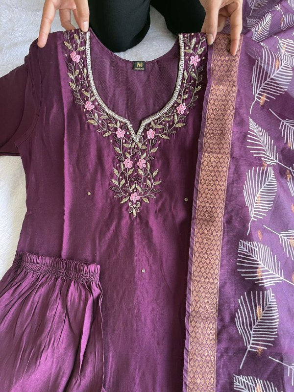 Arresting Wine Roman Silk Handworked Kurta Pant Dupatta Set - Ethnicwish