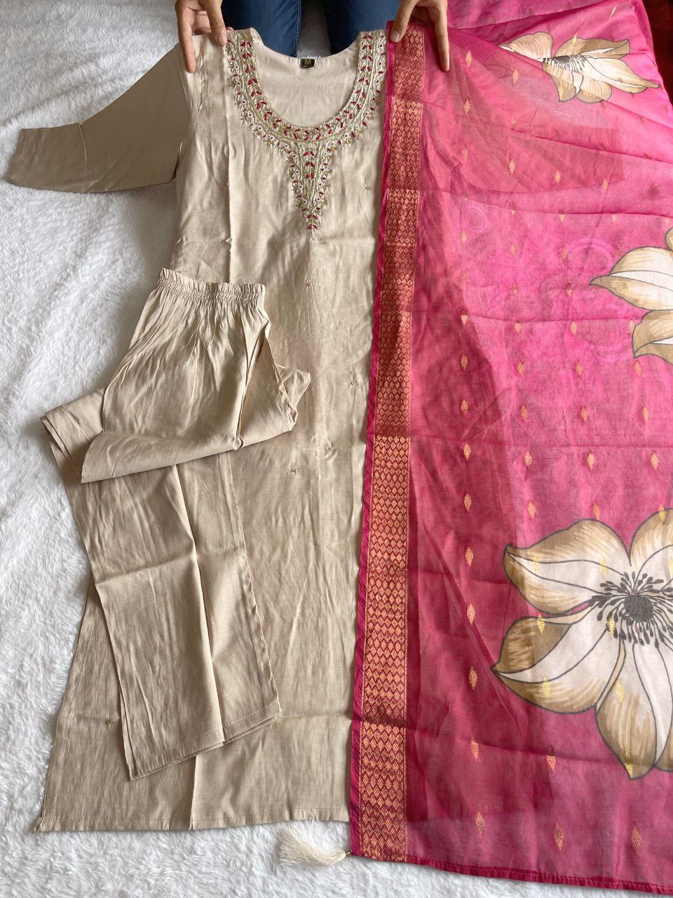 Delightful Cream Roman Silk Handworked Kurta Pant Dupatta Set - Ethnicwish