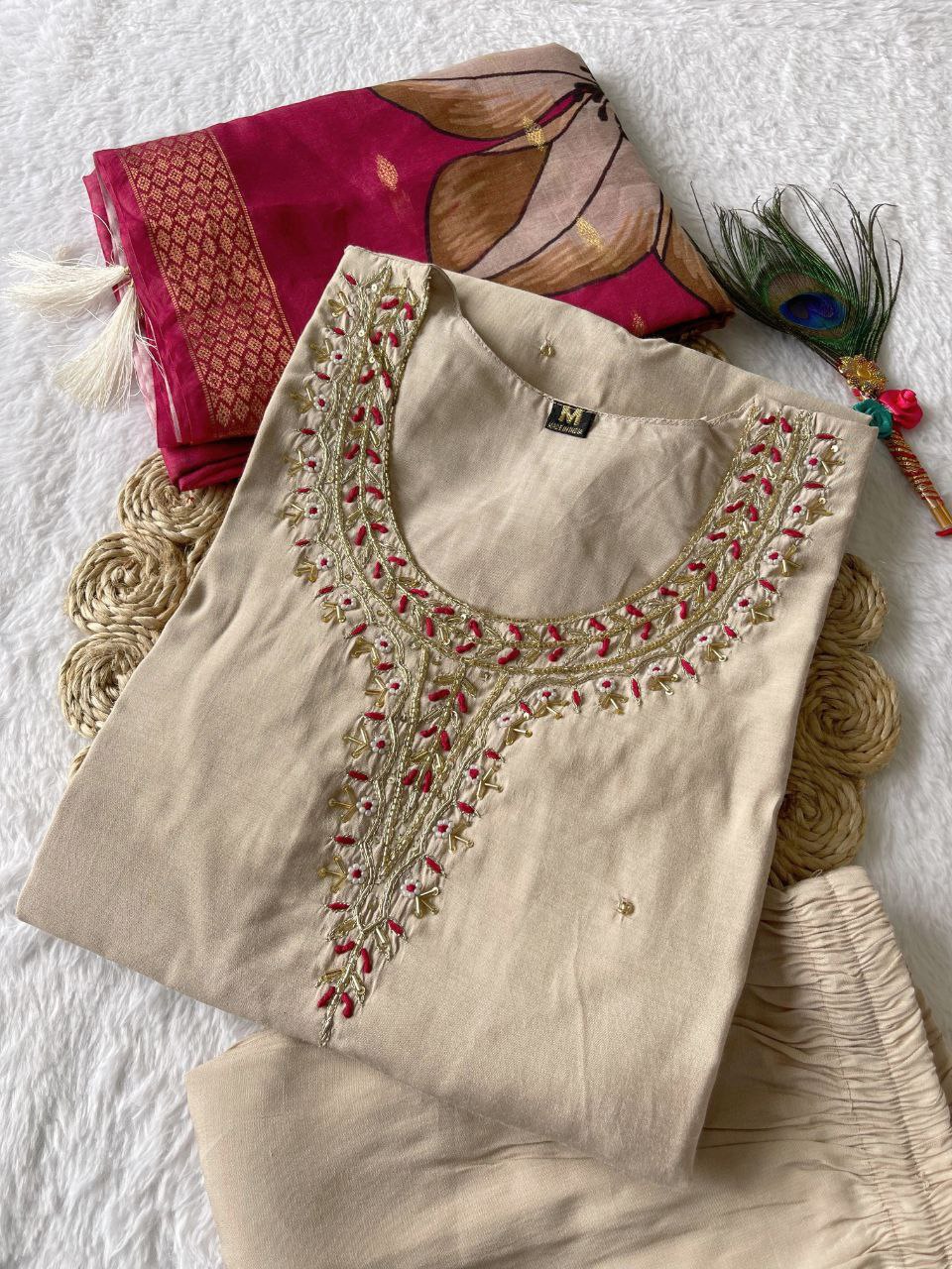 Delightful Cream Roman Silk Handworked Kurta Pant Dupatta Set - Ethnicwish