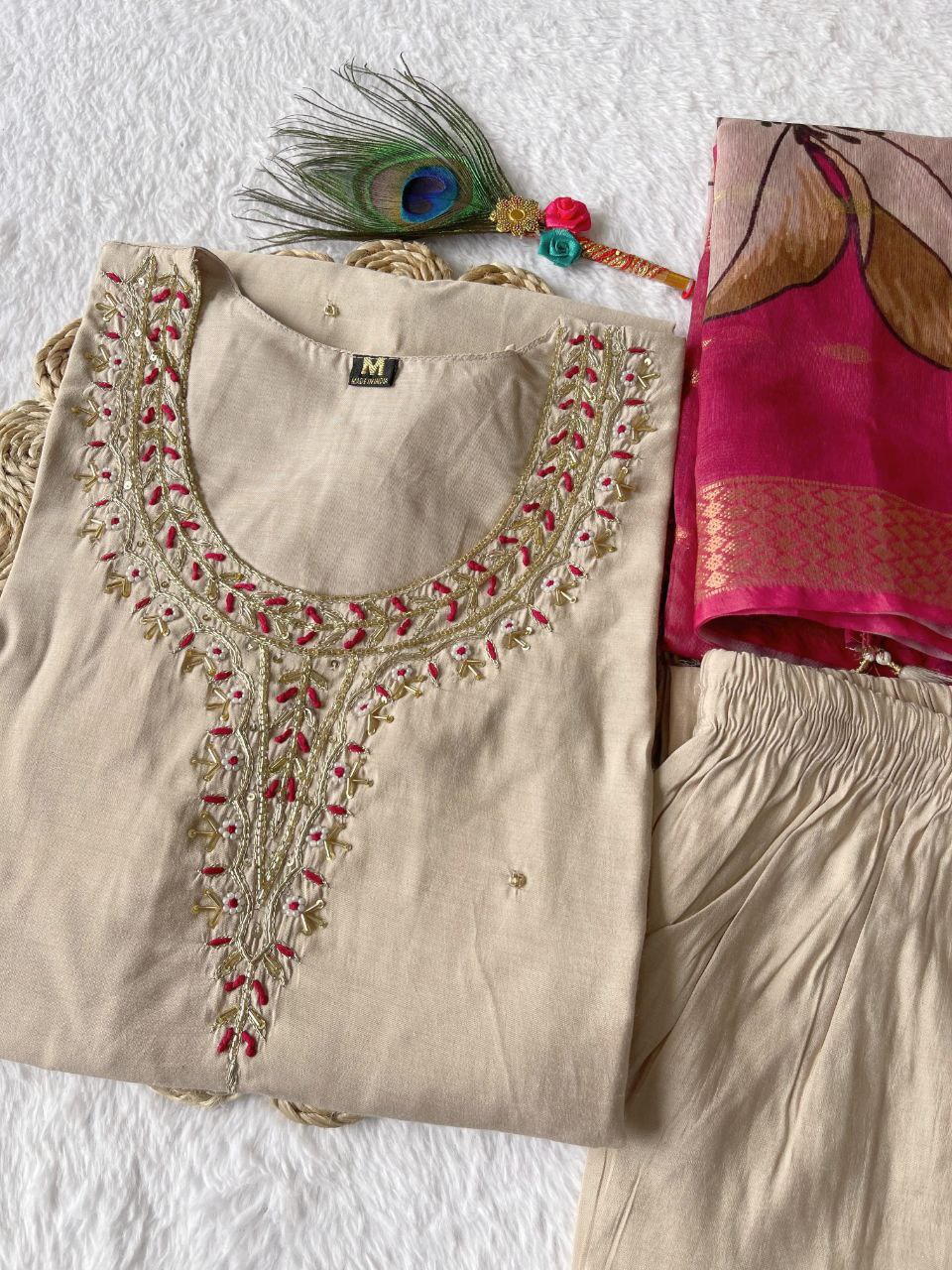 Delightful Cream Roman Silk Handworked Kurta Pant Dupatta Set - Ethnicwish