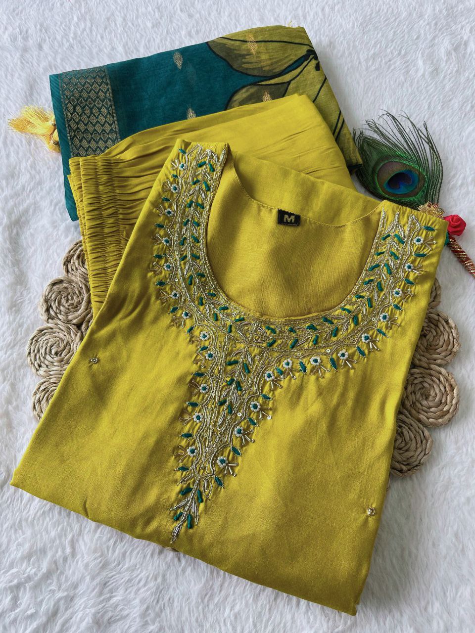 Fetching Lemon Yellow Roman Silk Handworked Kurta Pant Dupatta Set - Ethnicwish