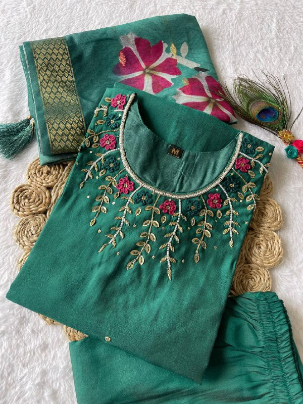 Hypnotic Green Roman Silk Handworked Kurta Pant Dupatta Set - Ethnicwish