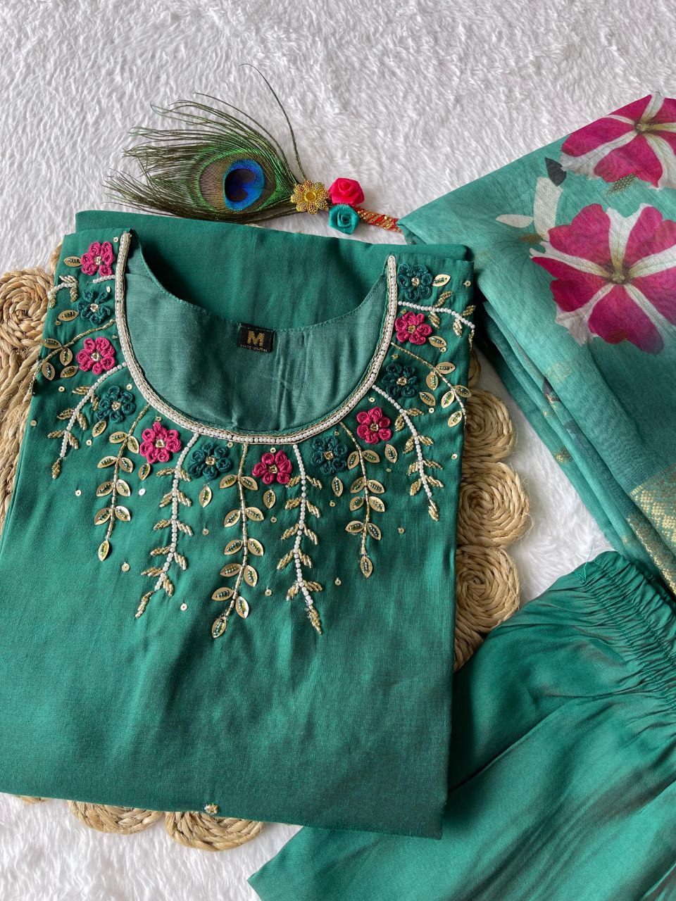 Hypnotic Green Roman Silk Handworked Kurta Pant Dupatta Set - Ethnicwish