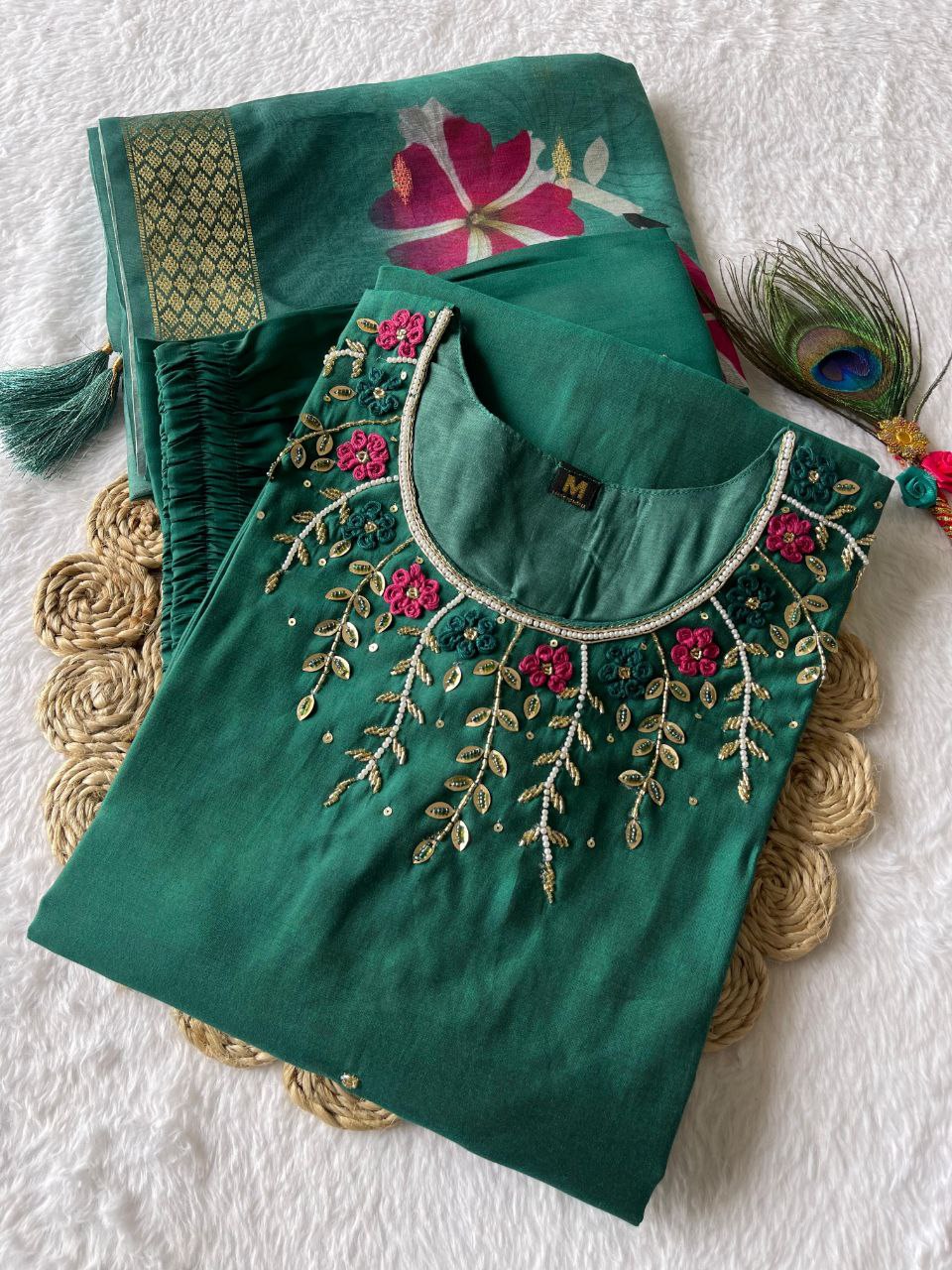 Hypnotic Green Roman Silk Handworked Kurta Pant Dupatta Set - Ethnicwish