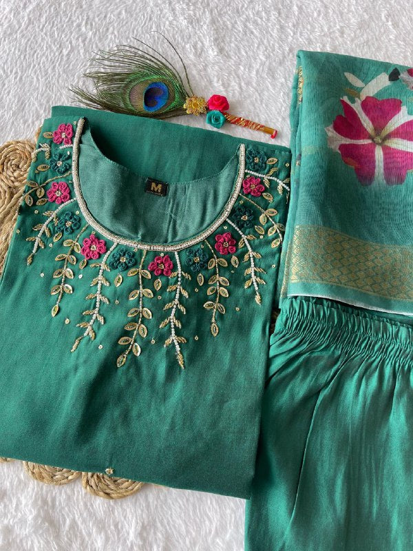 Hypnotic Green Roman Silk Handworked Kurta Pant Dupatta Set - Ethnicwish