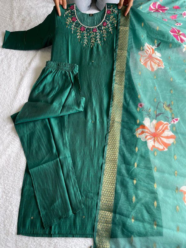 Hypnotic Green Roman Silk Handworked Kurta Pant Dupatta Set - Ethnicwish