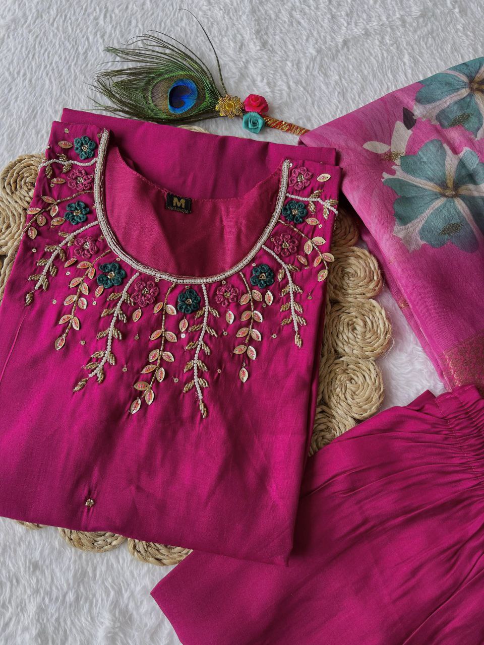 Enchanting Magenta Roman Silk Handworked Kurta Pant Dupatta Set - Ethnicwish