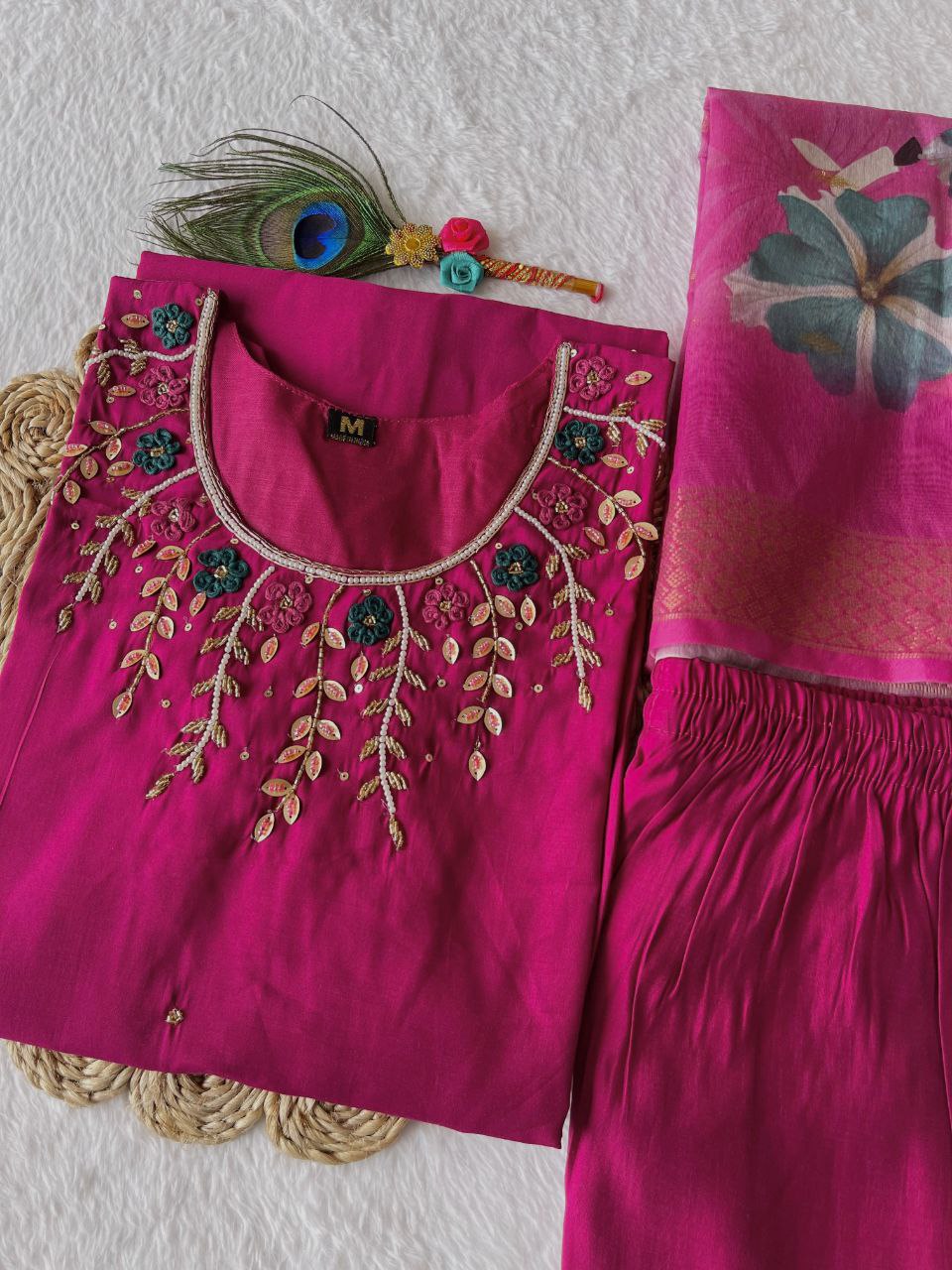 Enchanting Magenta Roman Silk Handworked Kurta Pant Dupatta Set - Ethnicwish