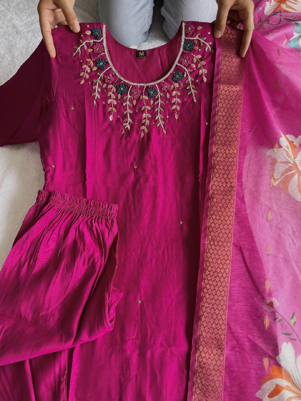 Enchanting Magenta Roman Silk Handworked Kurta Pant Dupatta Set - Ethnicwish