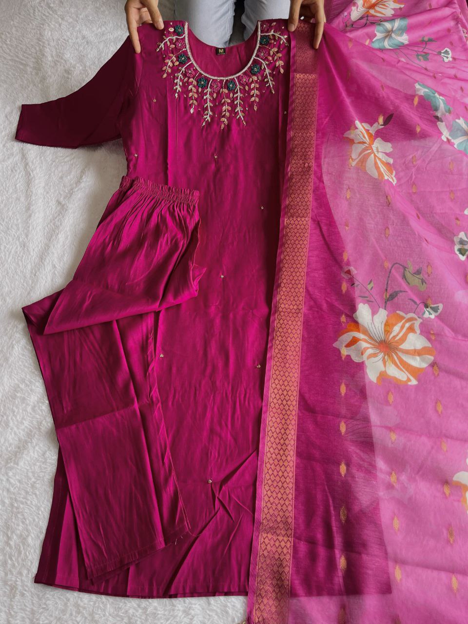 Enchanting Magenta Roman Silk Handworked Kurta Pant Dupatta Set - Ethnicwish