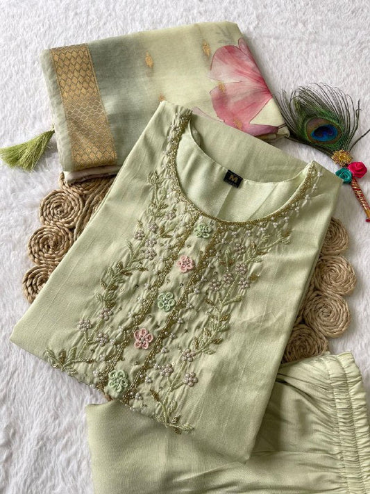 Enamoring Light Pista Roman Silk Handworked Kurta Pant Dupatta Set - Ethnicwish