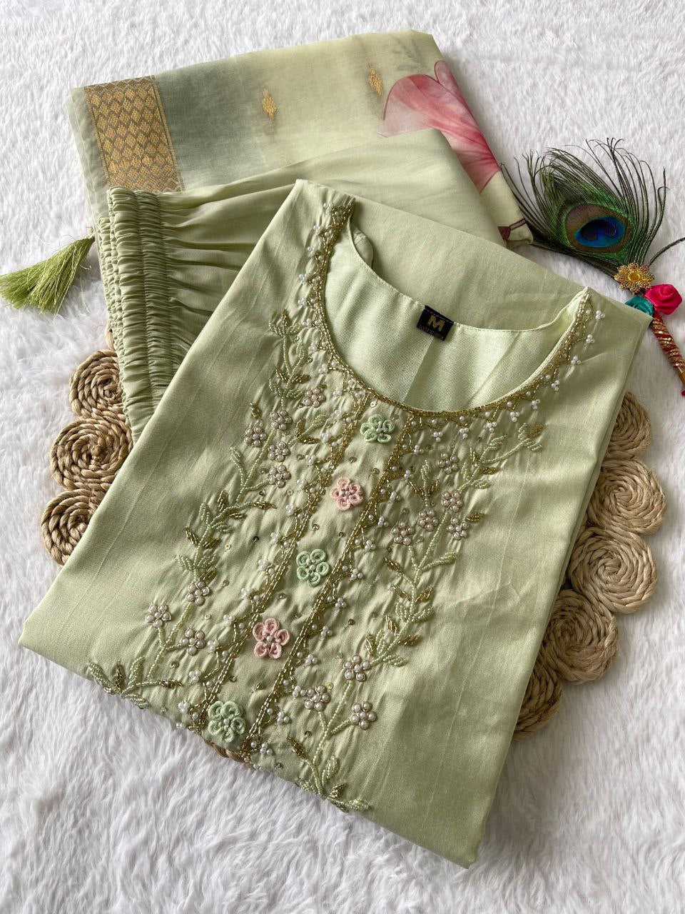 Enamoring Light Pista Roman Silk Handworked Kurta Pant Dupatta Set - Ethnicwish