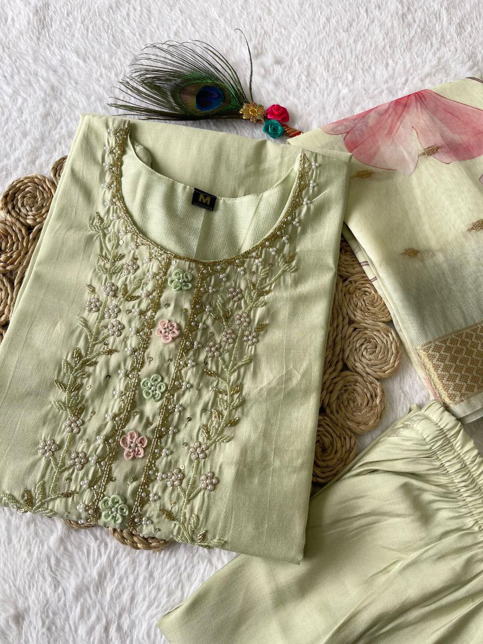 Enamoring Light Pista Roman Silk Handworked Kurta Pant Dupatta Set - Ethnicwish